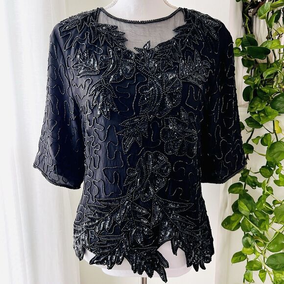 JRT Tops - Vintage JRT James River Traders 100% Silk Black Jeweled Floral Evening Blouse Lg